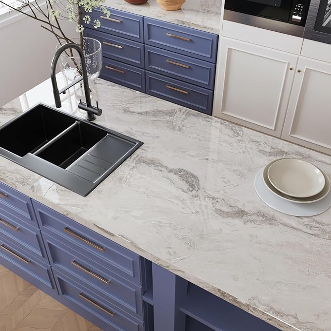 CRE8TIVE Wide 24"x354" Glossy Beige Silver Marble Wallpaper Self Adhesive Marble Contact Paper for Countertops Waterproof Kitchen Peel and Stick Countertop Contact Paper Removable Vinyl Roll for Walls - Image 2