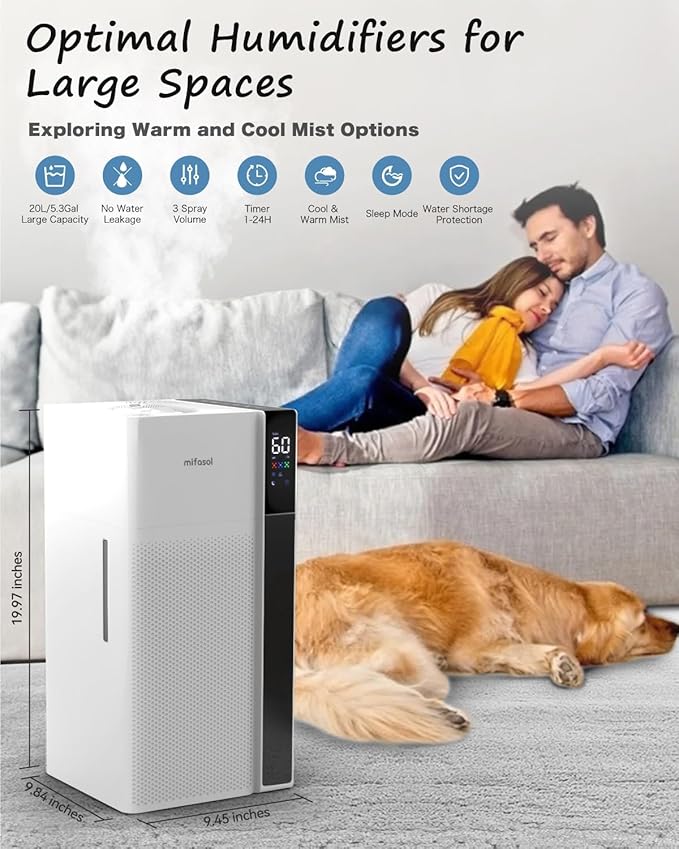 Mifasol Humidifier Large Room Warm and Cool Mist, 5.3Gal/20L Humidifiers for Home 1500 sq ft, Double Nozzles Whole House Humidifier, Humidifiers for Bedroom Plants Office Commercial Large Areas, White - Image 9
