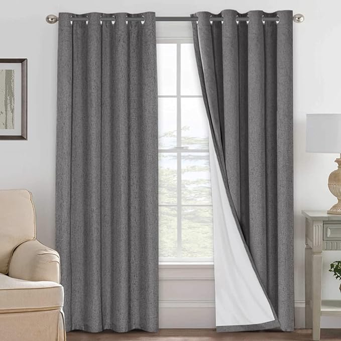 H.VERSAILTEX Linen Blackout Curtains 96 Inches Long 100% Absolutely Blackout Thermal Insulated Textured Linen Look Curtain Draperies Anti-Rust Grommet, Energy Saving with White Liner, 2 Panels, Grey by HVERSAILTEX
