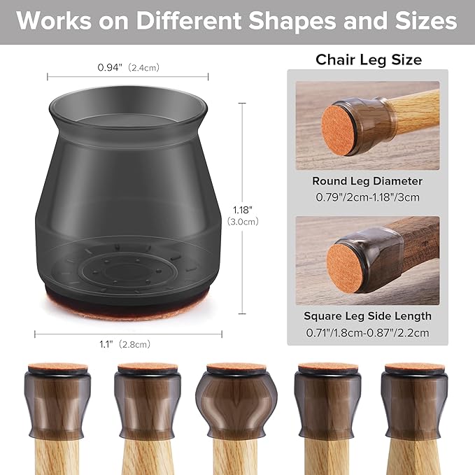 24PCS Upgraded Silicone Chair Leg Floor Protectors for Hardwood Floors, Furniture Sliders for Chair Legs, Felt Bottom Furniture Pads, Anti-Slip Round&Square Cap Covers to Scratch and Reduce Noise - Image 2