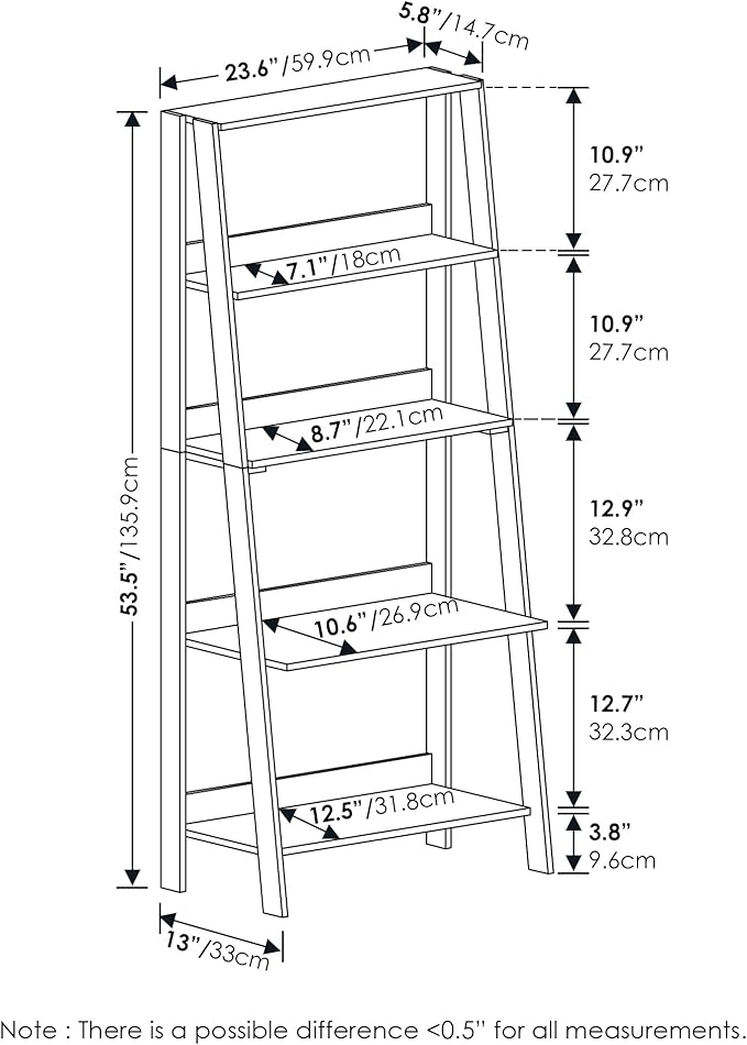 Furinno Ladder Book Shelf, 5-Tier Ladder Shelf, Bookshelf, Display Storage Shelves, 13 x 23.6 x 53.5, for Living Room, Home Office, Grey Oak - Image 3