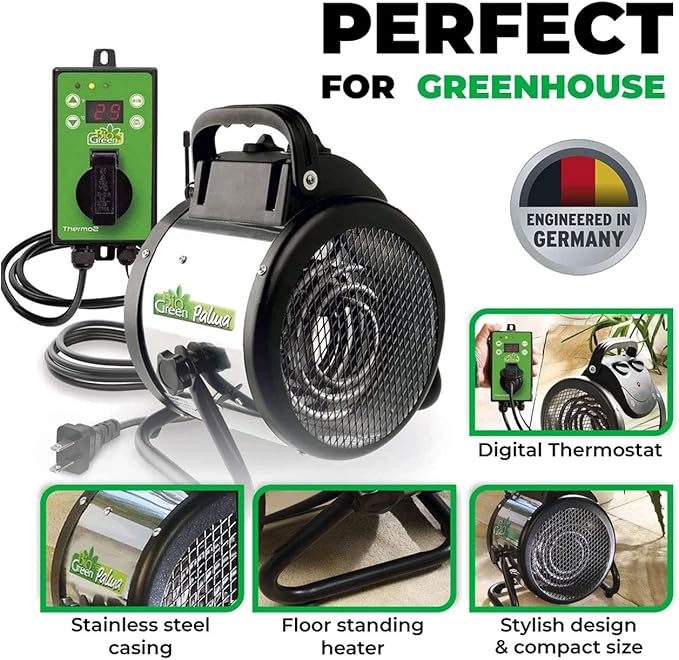 BioGreen Electric Greenhouse Heater & Fan with Digital Thermostat PALMA | 1500 Watts, 5100 BTU/hr | 5800 ft³/h Air Circulation -58 to 210.2°F | Stainless Steel | Spraywater Proof - Image 3