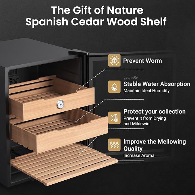 KingChii 48L Electric Cigar Humidors with Temperature Control System, Cigar Cabinet with Spanish Cedar Wood Shelves & Hygrometer, Father's Day Gifts for Men (3 Layers 350 Capacity) - Image 4