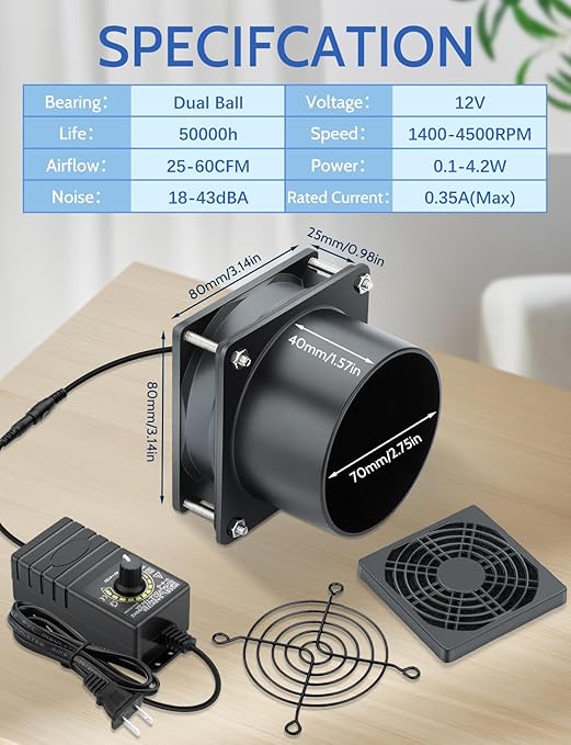 Wathai 80mm 12V DC Axial Exhaust Fan Small Fume Extractor with AC Plug, Dual Ball Speed Controller – for Soldering, 3D Printer Enclosure, Ventilation, DIY Cooling - Image 2