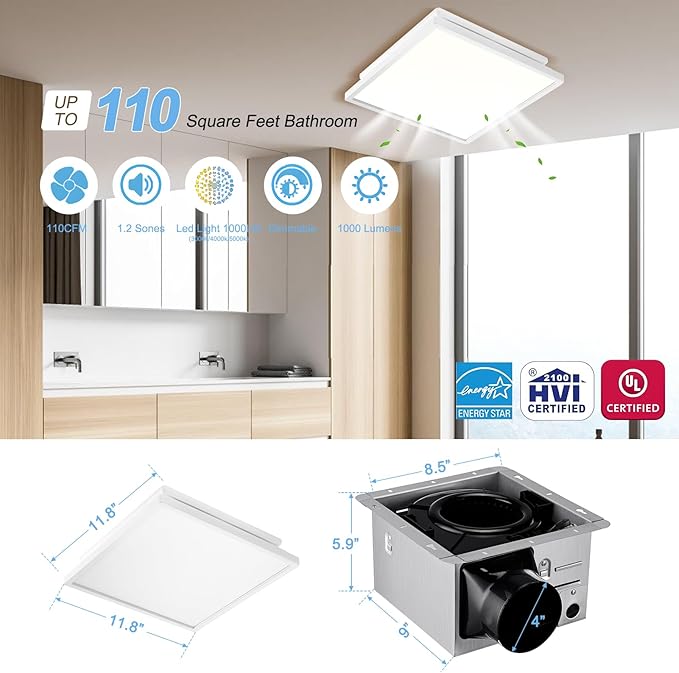 Tech Drive Bathroom Exhaust Fan with Light, 110 CFM, Super Quiet Bathroom Fan with Light and night light,1000lm Dimmable 5CCT LED Light Selectable,Energy Star Ventilation Fan,White - Image 4