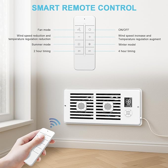 Register Booster Fan for 4" x 10" Vents Only, 10 Speeds to Control Cool & Warm Airflow, Air Conditioning Vents with LED Screen Remote & Thermostat Control, for Room Walls & Floors (White) - Image 5