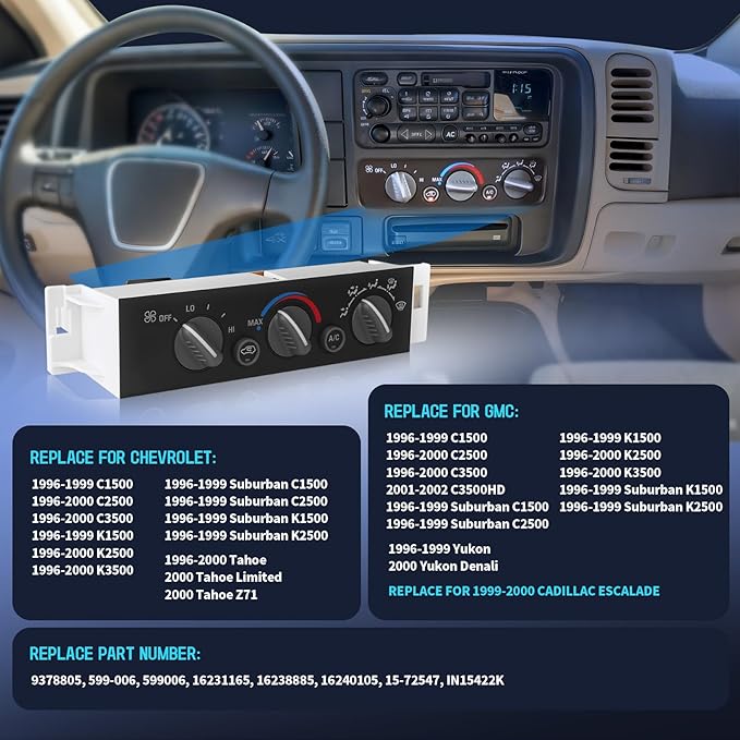 A/C Heater Control Panel for 1996-2000 Chevy GMC C1500 C2500 C3500 K1500 K2500 K3500 Tahoe Yukon, Cadillac Escalade, Climate Control Module Without Rear Window Defogger, Replace 599-007 - Image 2