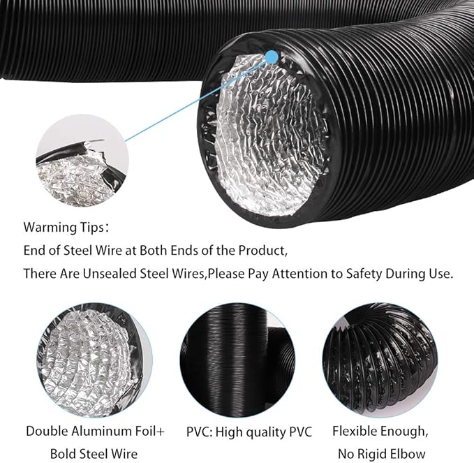 4Inch 10FT Long Flexible Aluminum Air Ducting, Heavy-Duty Black 4 Layer Dryer Vent Hose, Dryer Duct for HVAC Ventilation,Duct Fan Systems, 2 Stainless Steel Clamps Include - Image 3
