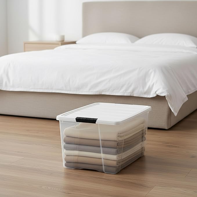 IRIS USA 72 Qt Stackable Plastic Storage Bins with Lids, 4 Pack - BPA-Free, Made in USA - See-Through Organizing Solution, Latches, Durable Nestable Containers, Secure Pull Handle - Clear/White - Image 7