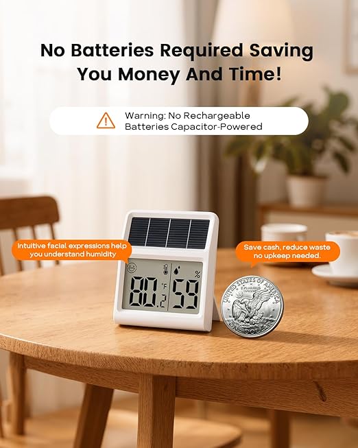 Digital Indoor Thermometer & Hygrometer, Light Powered (No Rechargeable Batteries Runs Only on Real-time Light Exposure) Solar Indoor Temperature and Humidity Monitor, Humidity Gauge - Image 4