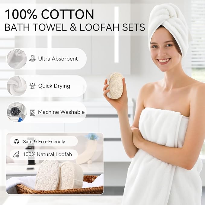 Resin White Bathroom Set, White Bathroom Accessories Set with Shower Curtain, Bath Towel Set, Natural Loofah Sponge, Soap Dispenser, Toothbrush Holder, Bathroom Tumbler and Tray for Bathroom - Image 5