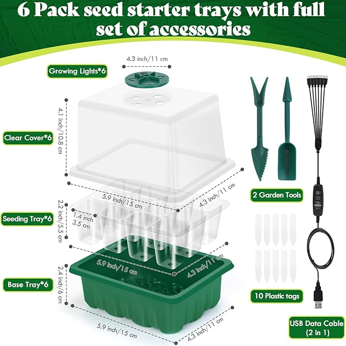 Seed Trays Seeding Starter Tray, Plant Nursery Pot with Humidity Control Lid, Easy Transplanting for Greenhouse Temperature Flowering Herb Crops Germination (6-Pack Green with Lights) - Image 2