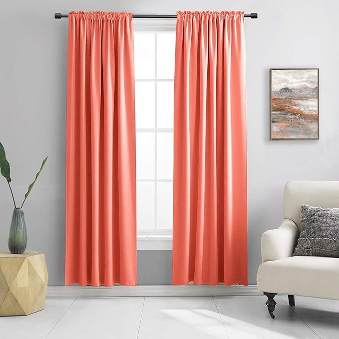 DONREN 90 Inch Length Blackout Curtains Rod Pocket Curtain Panels - Thermal Insulated Curtains for Living Room (52 W x 90 Inches Long,Coral,2 Panels) by DONREN