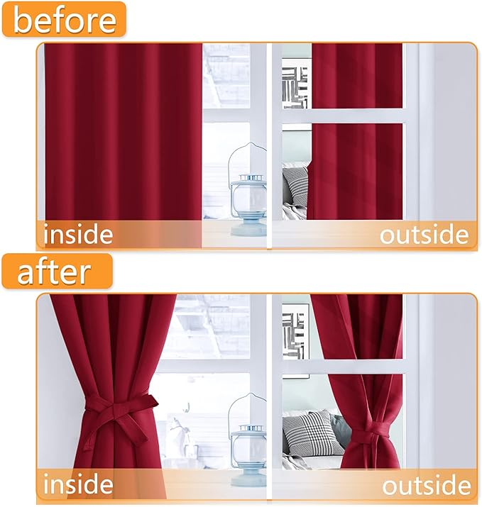 Hiasan Blackout Curtains for Bedroom, 42 x 63 Inches Length - Thermal Insulated & Light Blocking Window Curtains for Living Room, 2 Drape Panels Sewn with Tiebacks, Christmas Red - Image 5