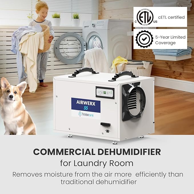 BaseAire Crawlspace Dehumidifier,113 Pints Commercial Dehumidifiers with Drain Hose for Whole House Basement, Industry, Compact, Auto Defrost, Memory Starting, Up to 1200 Sq Ft - Image 2