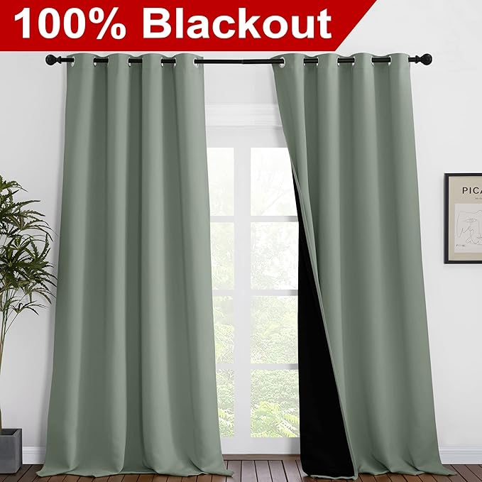 NICETOWN Full Shading Curtains 96 inches Long 2 Panels Set for Windows, Super Heavy-Duty Black Lined Blackout Curtains for Bedroom, Privacy Assured Window Treatment (Greyish Green, 55 inches W) - Image 2
