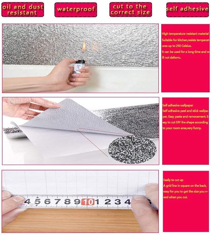 D&L Kitchen Backsplash Sticker,Aluminum Foil Orange Peel Texture Wall Paper, Waterproof Removable High Temperature Resistant DIY Wallpaper,Kitchen Wall Stickers （0.4m x 3m） - Image 3