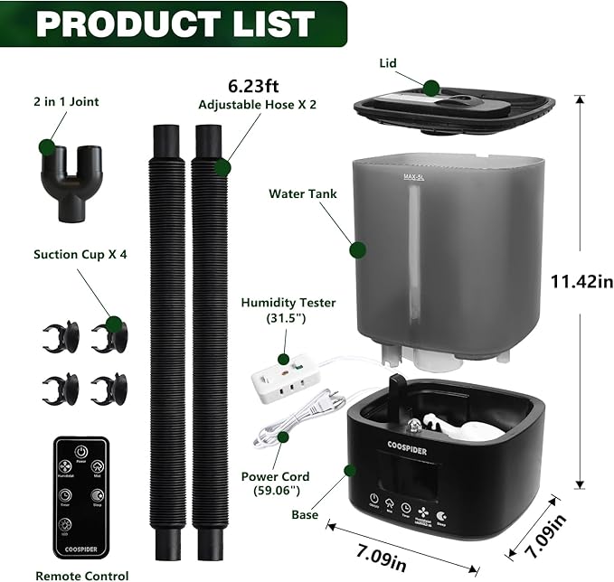 Coospider Reptile Fogger Terrariums Humidifier, Top Fill Cool Mist, Automatic Reptile Mister with Dual Hose, Timer, Humidity Control for Reptile Mister for Amphibians Herps Vivarium (5L/1.32GAL) - Image 8