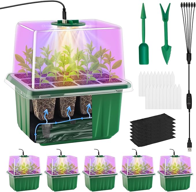 Self-Watering Seed Starter Tray with Timed Grow Light, 6 Packs Plant Starter Tray Seedling Starter Kit with Humidity Domes Base Indoor Mini Greenhouse for Gardening Seeds Growing Starting by GOONMILL