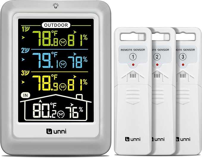 Indoor Outdoor Thermometer Wireless, 4.5 Inch Display Digital Hygrometer Thermometer Temperature Humidity Monitor with 330ft Range Sensor and Adjustable Backlight (Multi) by UUNNI