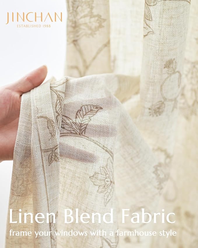 jinchan Linen Curtains Floral Curtain 84 Inch Length for Living Room Bedroom Light Filtering Rod Pocket Back Tab Jacobean Curtains Flax Linen Texture Window Drapes Set 2 Panels Taupe on Linen - Image 3