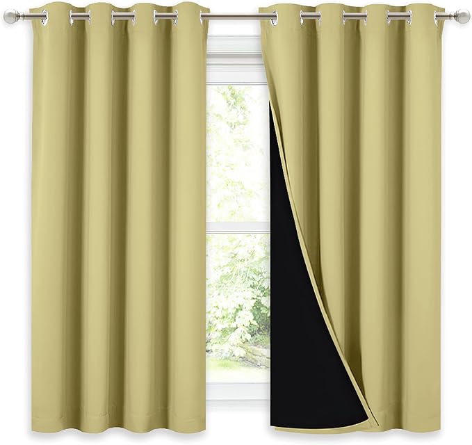 NICETOWN 100% Blackout Curtains with Black Liners, Thermal Insulated Full Blackout 2-Layer Lined Drapes, Noise Cancellation Window Drapes for Dining Room (Paler Yellow, 2 Panels, 52" W by 54" L) by NICETOWN