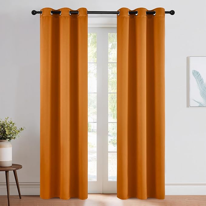 NICETOWN Room Darkening Cafe Satin Curtains for Small Windows, 42" Wide by 84" Long, 2 Panels, Orange, Grommet Privacy Faux Silk Blackout Drapes for Bedroom by NICETOWN