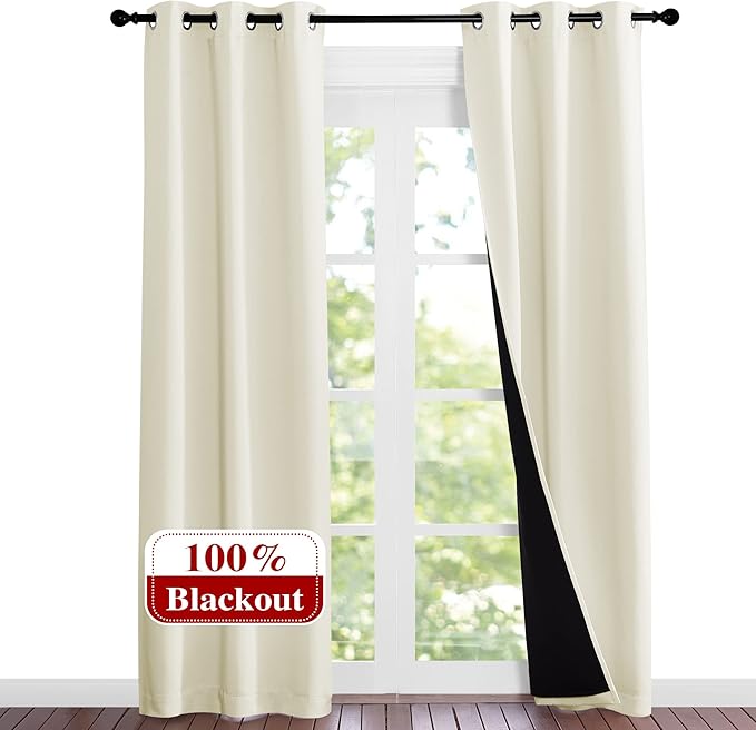 NICETOWN Living Room Completely Shaded Draperies, Privacy Protection & Noise Reducing Ring Top Drapes, Black Lined Insulated Window Treatment Blackout Curtain Panels (Beige, 2 Pieces, W37 x L84) - Image 2