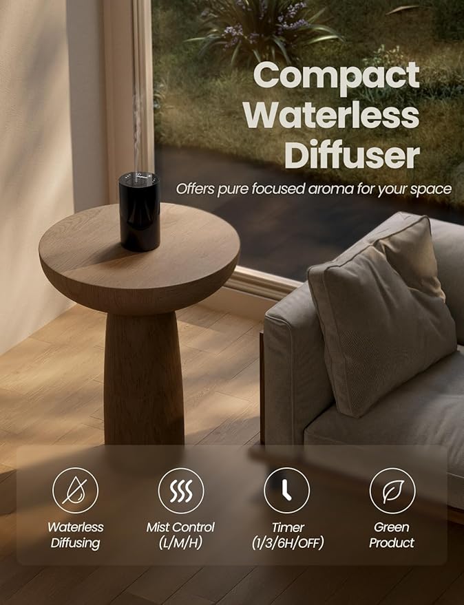 Waterless Essential Oil Diffuser, Portable Aromatherapy Diffuser with 20mL Capacity, Battery Operated Mini Scent Diffuser,3 Mist Levels & Timers, Leak-Free, for Home, Car, Office (Black) - Image 2