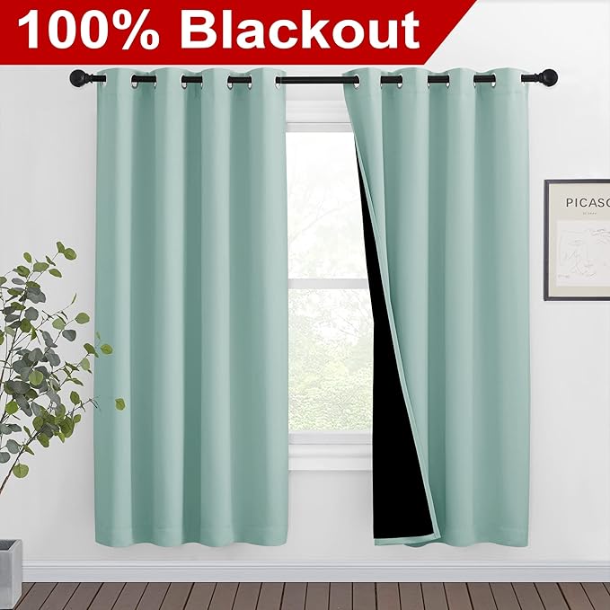 NICETOWN 100% Blackout Window Curtain Panels, Full Light Blocking Drapes with Black Liner for Nursery, 72-inch Drop Thermal Insulated Draperies (Aqua Blue, 2 Pieces, 46-inch Wide Per Panel) - Image 2