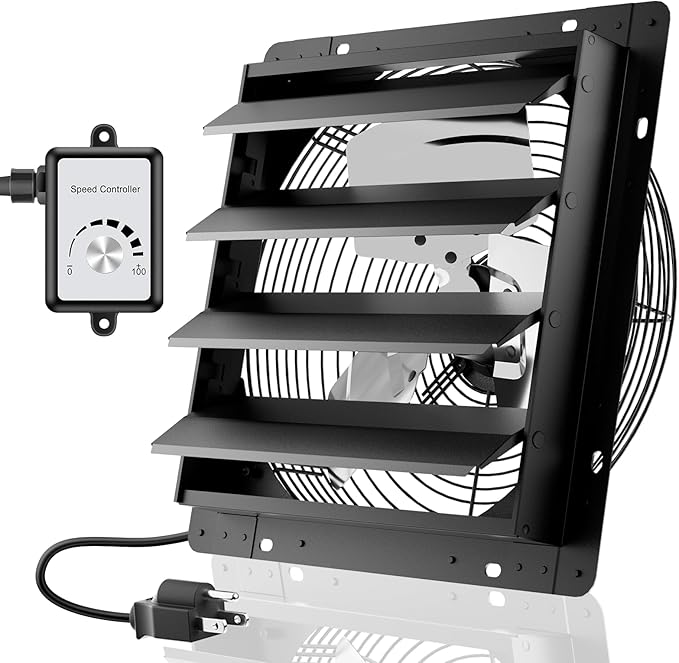 HG Power 16 Inch Attic Fan with Speed Controller, 1681 CFM Shutter Exhaust Fan with EC Motor, Wall Mounted Greenhouse Fan for Shed, Basement, Gable, Chicken Coop Ventilation Use, Black by HGPOWER