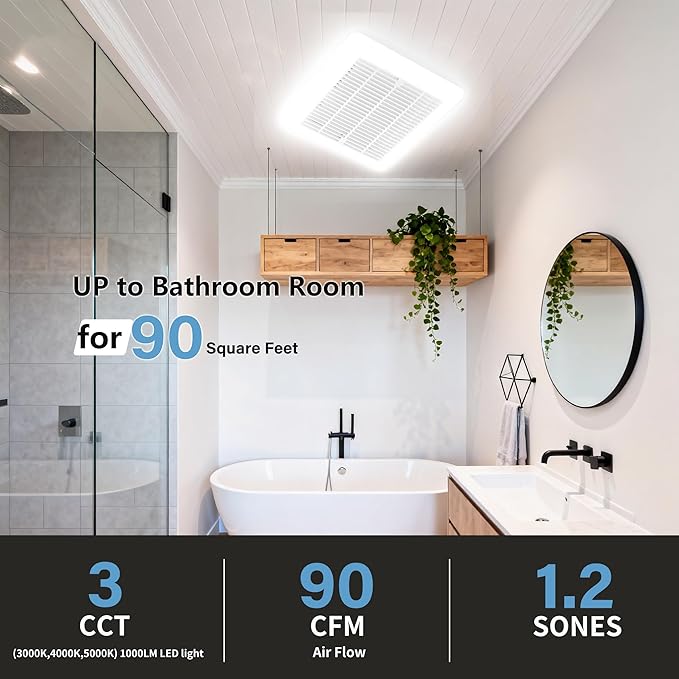 Tech Drive Bathroom Exhaust Fan with Light - 90 CFM, 1.2 Sone, 1000lm Dimmable 3CCT Selectable LED Light, Easy to Install Super Quiet Ventilation Fan, 4-Inch Duct, Light Grille Combo, White - Image 4