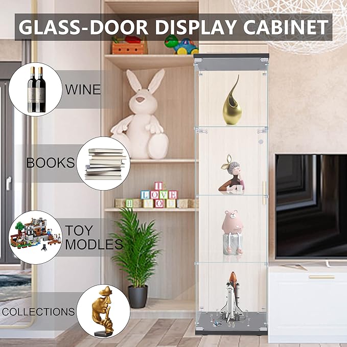 Yoluckea 4 Shelves Glass Display Cabinet with Door, Curio Collection Display Case for Home Office, Floor Standing Bookshelf Corner Cabinet Upgrade Assembly (Black) - Image 7