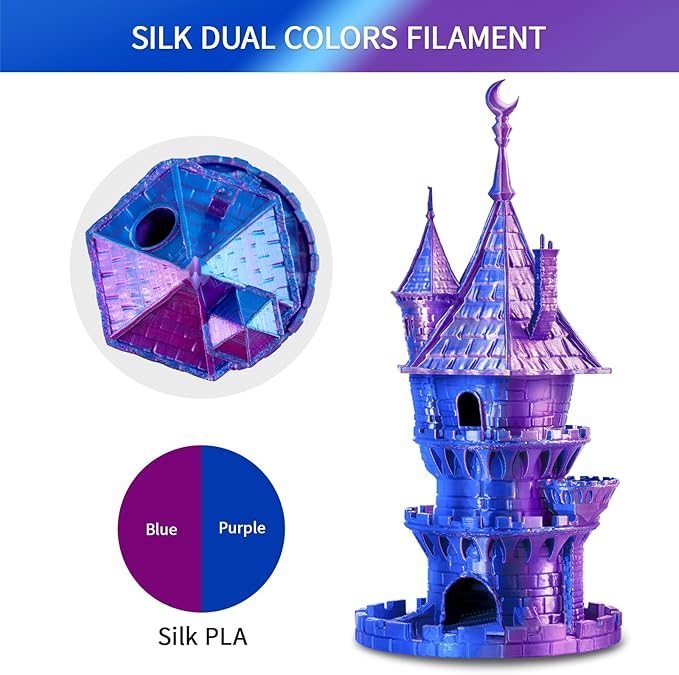 ERYONE Silk Dual Color PLA Filament 3D Printer 1.75mm +/- 0.03mm, Bicolor Filament Two Tone PLA 1KG(2.2lbs) Cardboard Spool, Purple Blue - Image 4