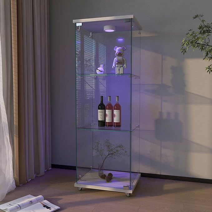 Yoluckea 3-Shelf Glass Display Cabinet with LED Lights, 1-Door Floor Standing Curio Cabinet with Universal Wheel for Home or Office, White Glass Bookshelf for Collections, Decor, and Corner Display - Image 7