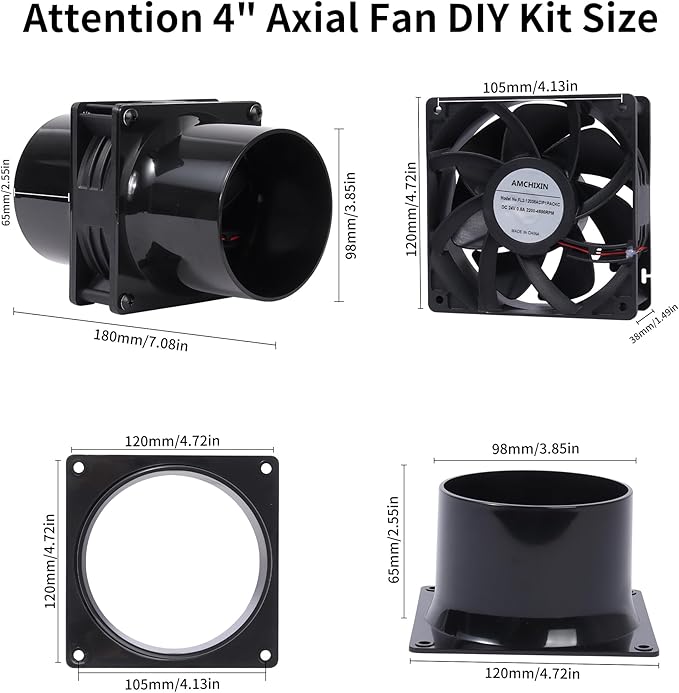 120mm 12V Exhaust Duct Fan Kit with Dual 4" Flange Adapters Stepless Speed Controller High-CFM for 3D Printer Laser Engraver Soldering Fume Extractor Grow Tent and DIY Ventilation Projects - Image 2