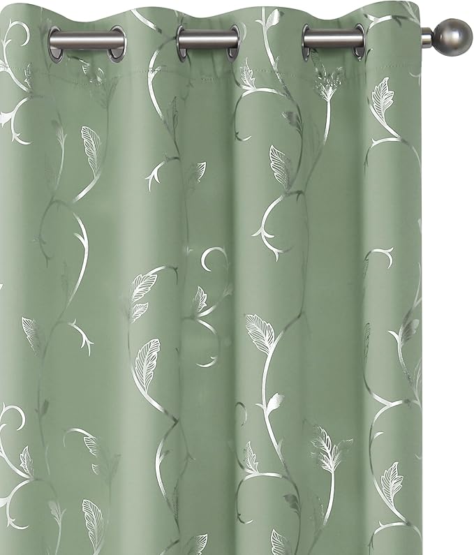 BUHUA Blackout Curtains Silver Foil Print Flower Vine Grommet Drapes, Room Darkening Thermal Insulated Curtains, Noise Reducing Curtain for Bedroom, Sage Green, 52Wx84L, 2 Panels by BUHUA