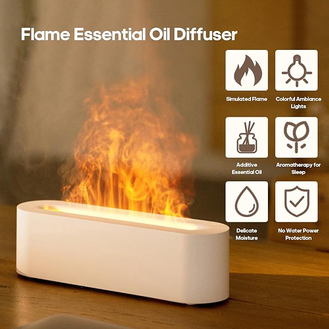 Essential Oil Air Diffuser Flame Colorful Water Vapor Fire Fireplace Humidifier for Aromatherapy Aroma Therapy Machine Room Bedroom,Flame Diffuser for Essential Oils,White - Image 6