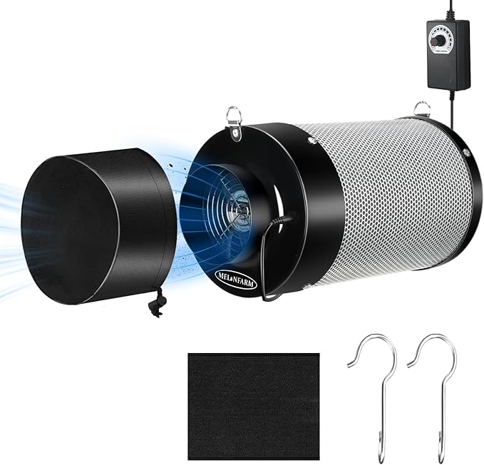 MELONFARM 4 inch Air Carbon Filter Smelliness Control with Australia Virgin Charcoal, Built-in 14cm Fan Low Nois and Speed Controller for Inline Duct Fan, Grow Tent, Vent Cover & Pre-Filter Included by MELONFARM
