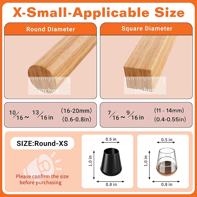 Chair Leg Floor Protectors Extra Small 16 Pcs,Silicone Chair Leg Protectors for Hardwood Floors/Tiles,360°Wrapped Felt Bottom to Prevent Scratch and Reduce Noise, Round Black（Fit:0.6"-0.8"） - Image 2