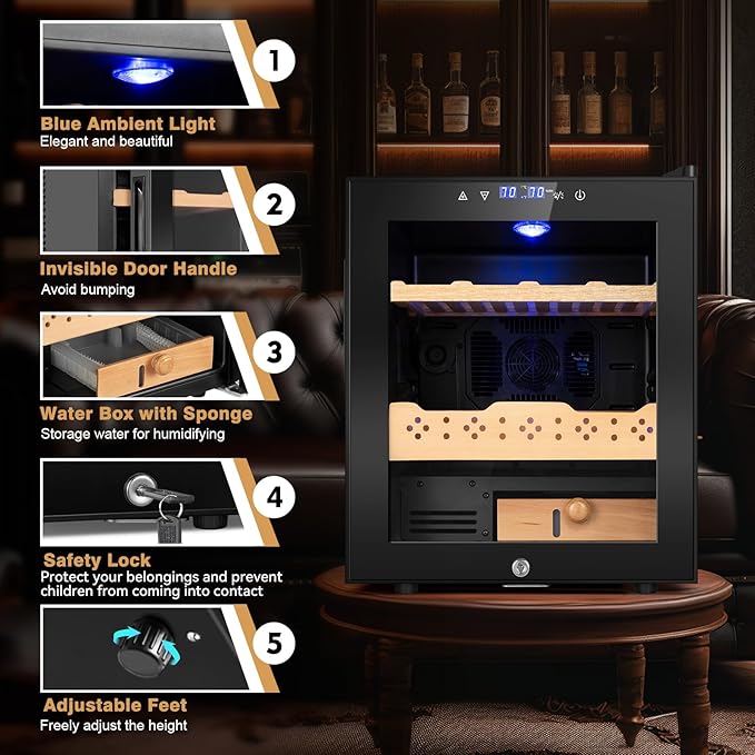 Electric Cooler Cabinet 50L with Temperature and Humidity Control, Spanish Cedar Wood Shelves and Safety Lock (400 Counts Capacity), Gift for Men - Image 5