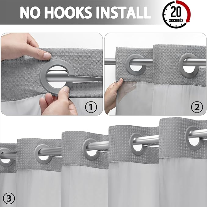 No Hook Shower Curtain and Liner Set,Grey Hotel Waffle Shower Curtain with Liner 75" L x 72" W - Image 2