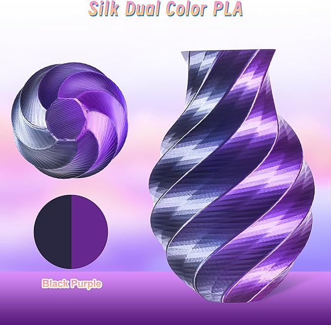 ERYONE Silk Dual Color PLA Filament 3D Printer 1.75mm +/- 0.03mm, Bicolor Filament Two Tone PLA Bundle 2KG Cardboard Spool, Black Purple - Image 2