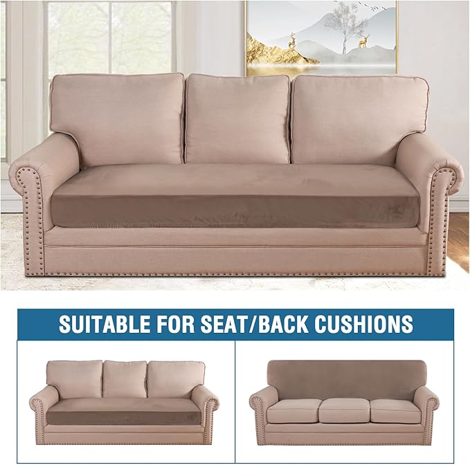 H.VERSAILTEX Velvet Stretch Individual Couch Cushion Cover Plush Cushion Slipcover for Loveseat Sofa Cushion Furniture Protector Seat Cushion Sofa Cover (1 Piece Sofa Cushion Cover, Taupe) - Image 3