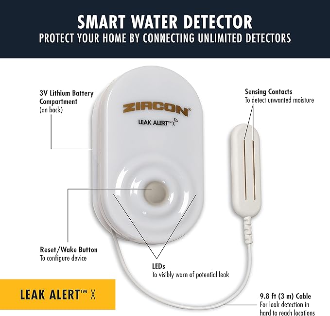 Zircon Leak Alert X – Smart Electronic Water Detector with 9.8 ft Cable – Email, Audio, & Visual Alerts, Battery Included,White - Image 3