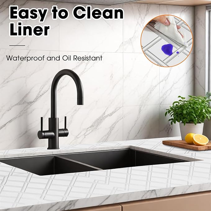 Drawer and Shelf Liners for Kitchen Cabinets Non-Adhesive Cabinet Liners Strong Grip Non Slip Waterproof Contact Paper for Cabinets and Drawers Shelves Cupboard,Silver Geometric,12IN X 20FT - Image 3