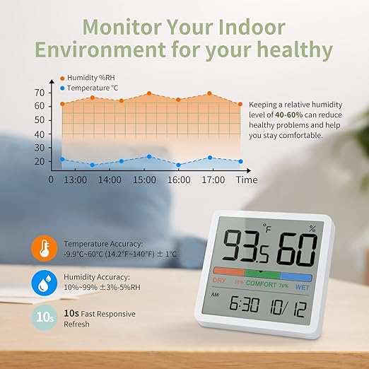 NOKLEAD Indoor Hygrometer Thermometer - Desktop Digital Temp & Humidity Monitor, Accurate Room Gauge with Clock & Calibration (White) - Image 6