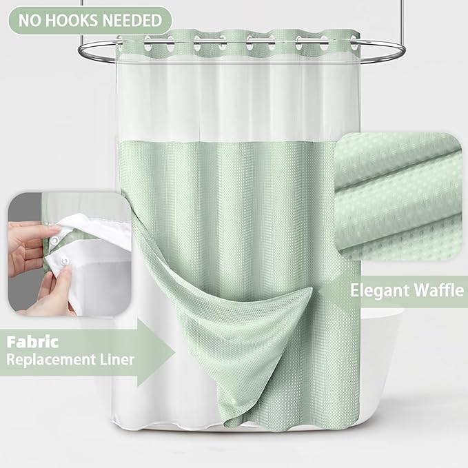 No Hook Shower Curtain and Liner Set,Mint Green Hotel Waffle Shower Curtain with Liner 75" L x 72" W - Image 3
