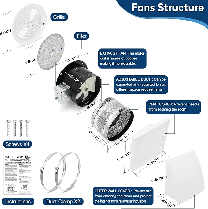 512M 6 Inch Through-the-Wall Exhaust Fan with White Grille, 80 CFM, 4.0 Sone, 16-Inch Retractable Duct, Household Ventilation Fan for Attic, Garage, Kitchen and Bathroom Exhaust Fan, Bathroom Vent Fan - Image 2