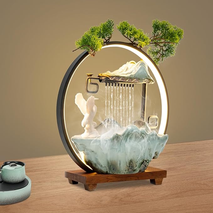 15In White Crane Water Fountain Waterfall Indoor Tabletop Decration Humidifier with LED Light, Atomizer Circulating Water, Japanese Zen Decor Meditation Feng Shui Decor Festival Birthday Gift - Image 9